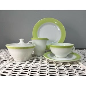 Pyrex Vintage Milk Glass White with Lime Green Rim Tea Set